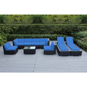 Black 9-Piece Wicker Patio Combo Conversation Set with Supercrylic Blue Cushions
