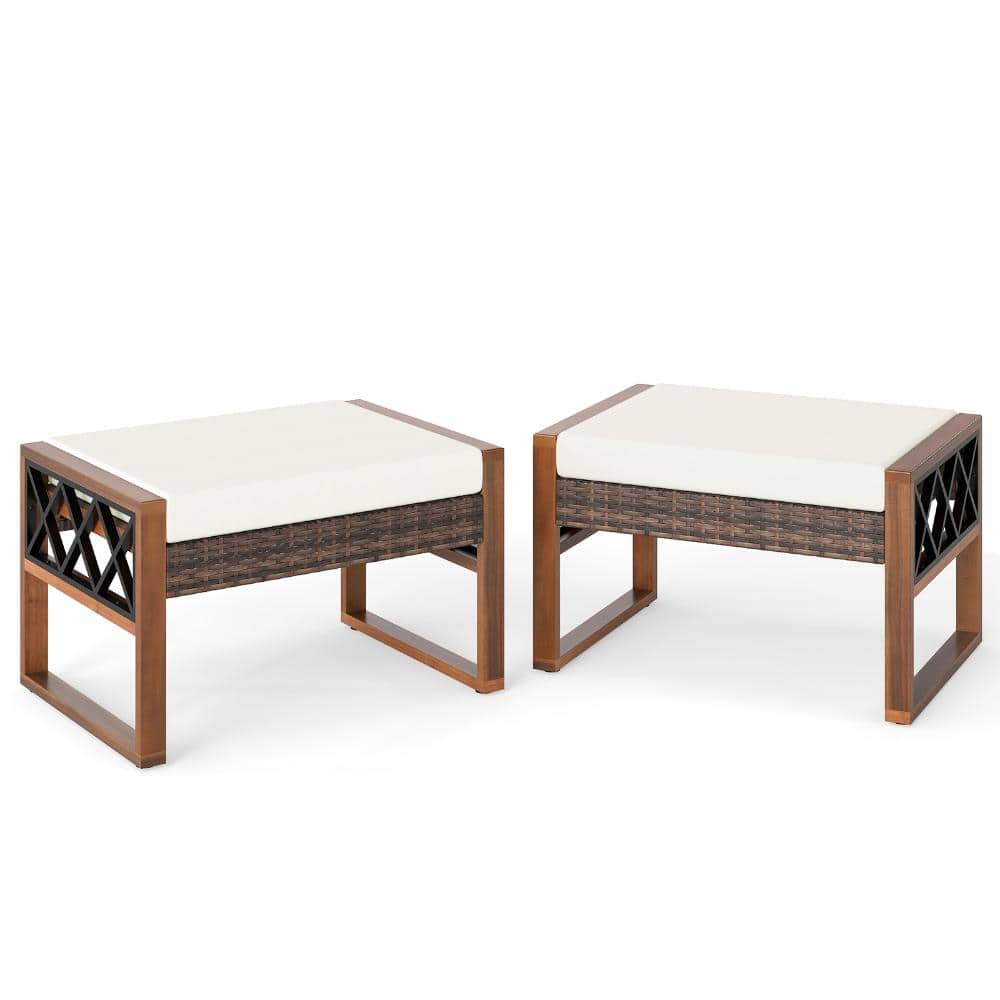 Set of 2 PE Rattan Wicker Ottomans Outdoor Footrest 400 lb. with Acacia Wood Metal Frame and Cushions price history on PriceWatchPro