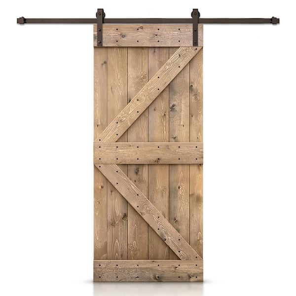 34 in. x 80 in. K Series Solid Core Light Brown Stained DIY Wood Interior Sliding Barn Door with Hardware Kit