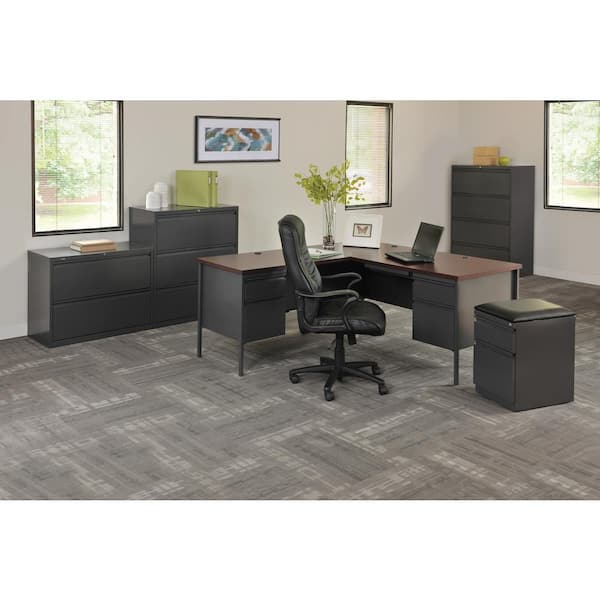Hirsh 72 in. W x 66 in. D L Shape Putty/Oak 5-Drawer Executive Desk with Left Hand Return