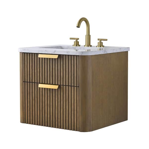 Warren 24 in. W Floating Bath Vanity in Aged Oak with Engineered Stone Top in Arabescato and White Sink