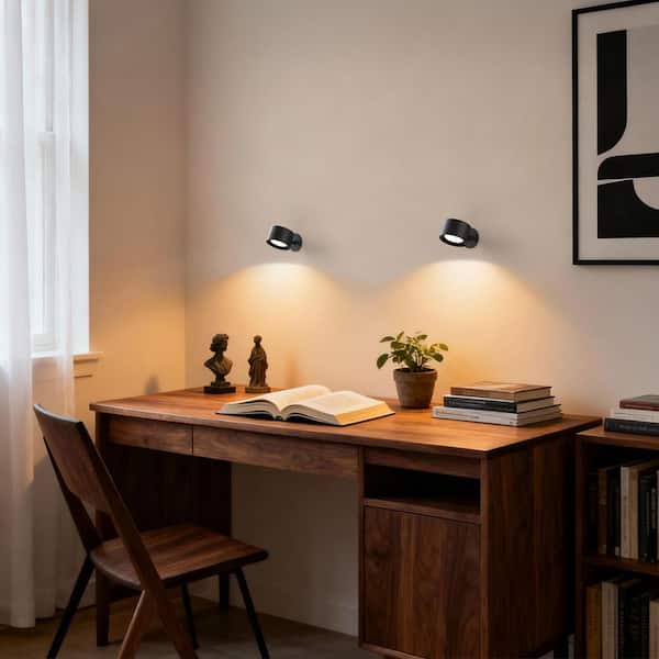 Picture Lights 2 Pack, 360° Rotating Wall Sconces with Remote, Dimmable Black LED Wall Lamps for Bedroom Living Room