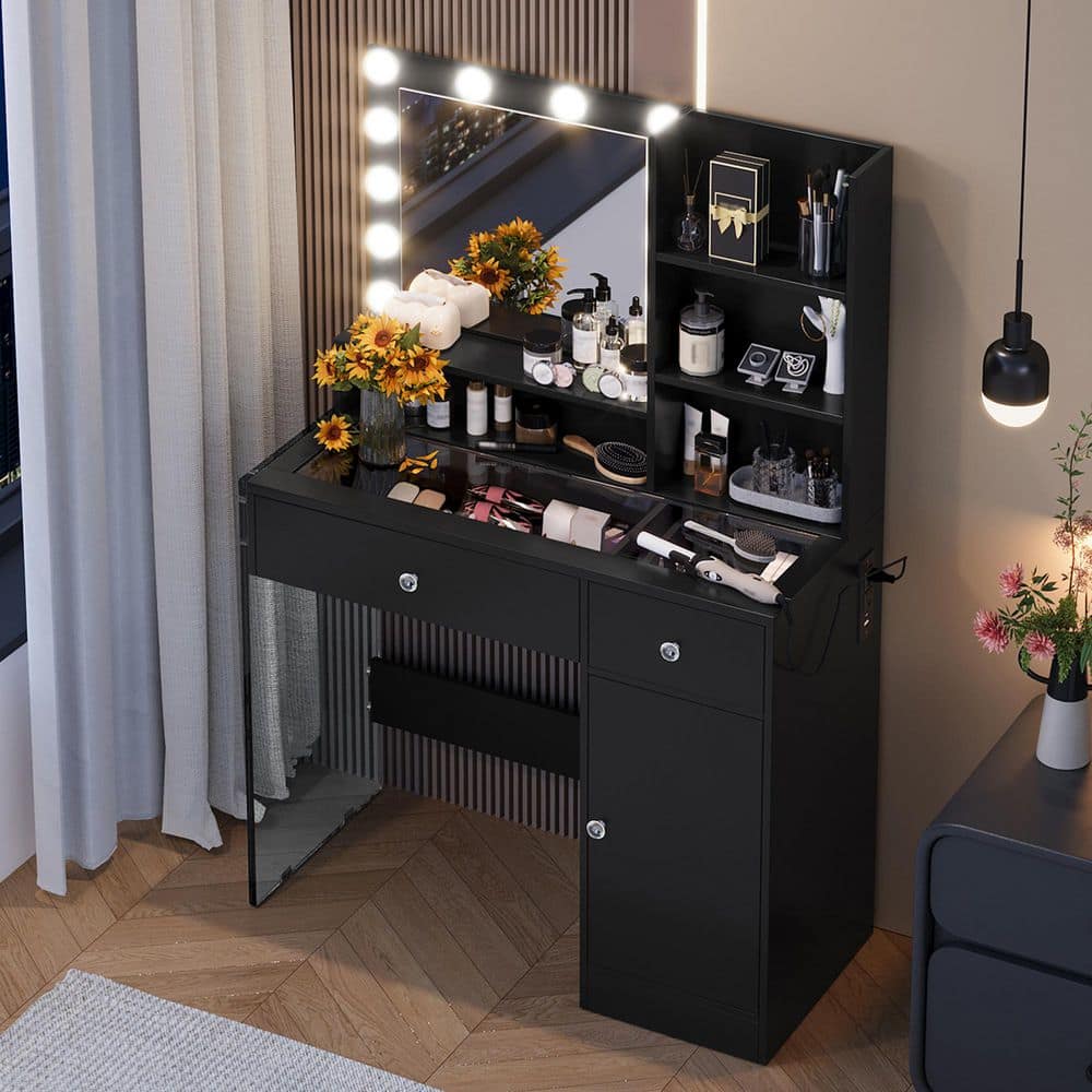 Black Makeup Vanity Set with 3 Lighting Modes LED Mirror, Glass Top Drawers, Adjustable Shelves, Power Outlets price history on PriceWatchPro