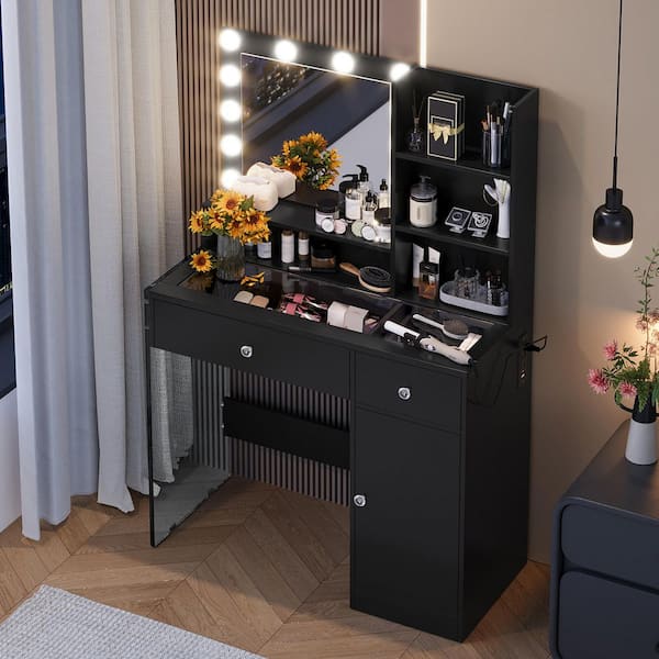 Black Makeup Vanity Set with 3 Lighting Modes LED Mirror, Glass Top Drawers, Adjustable Shelves, Power Outlets