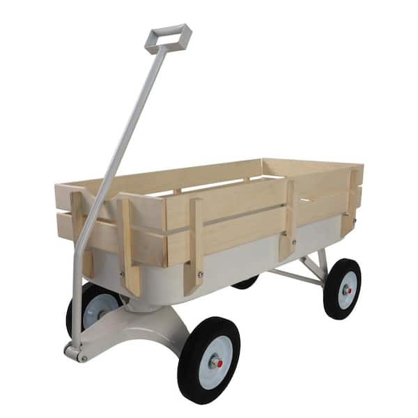 2.8 cu. ft. White Steel Garden Cart, Outdoor Carriage with Wooden Railings, Solid Tires