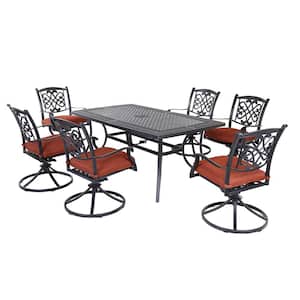 Cedar 7-Piece Aluminum 28" H Outdoor Dining Set with 6 Red Cushion Swivel Chair and Rectangular Table