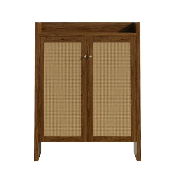Modern 42.5 in. H x 32.7 in. W Walnut 6-Tier Shoe Storage Cabinet with Rattan Doors and Adjustable Shelves