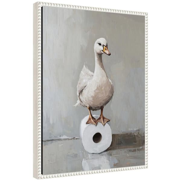 Kate and Laurel Sylvie "Goose Bathroom Art" by The Creative Bunch Studio Beaded White Framed Art Print 18 in. x 24 in.