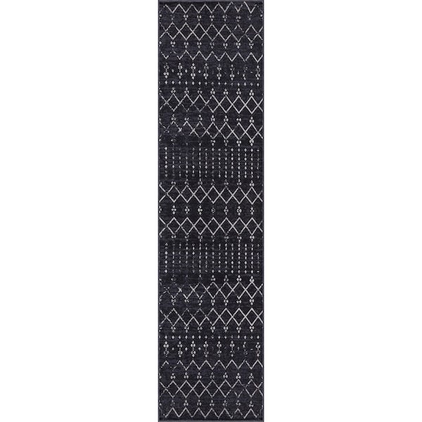 Leila Moroccan Diamond Trellis Machine-Washable Dark Gray/Ivory 2 ft. x 8 ft. Runner Rug
