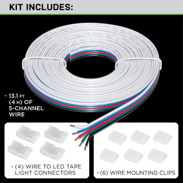 Commercial Electric 13 ft. Connector Cord LED Strip Light Accessory Pack  (RGB+W) (4 Wire-to-Tape Connectors, 6 Wire Mounting Clips) 760110 - The  Home Depot