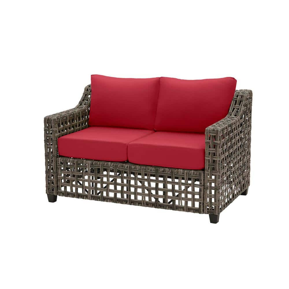 Briar Ridge Brown Wicker Outdoor Patio Loveseat with CushionGuard Chili Red Cushions -  Hampton Bay, H035-01193800