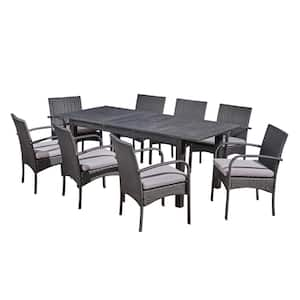 Elmar Dark Grey 9-Piece Wood and Faux Rattan Outdoor Patio Dining Set with Grey Cushions