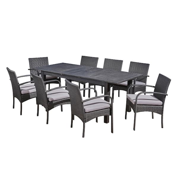 CHRISTOPHER KNIGHT HOME Elmar Dark Grey 9-Piece Wood and Faux Rattan Outdoor Patio Dining Set with Grey Cushions