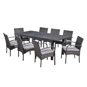Elmar Dark Grey 9-Piece Wood and Faux Rattan Outdoor Dining Set with Grey Cushions