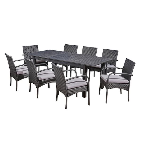 Noble House Elmar Dark Grey 9-Piece Wood and Faux Rattan Outdoor Patio Dining Set with Grey Cushions