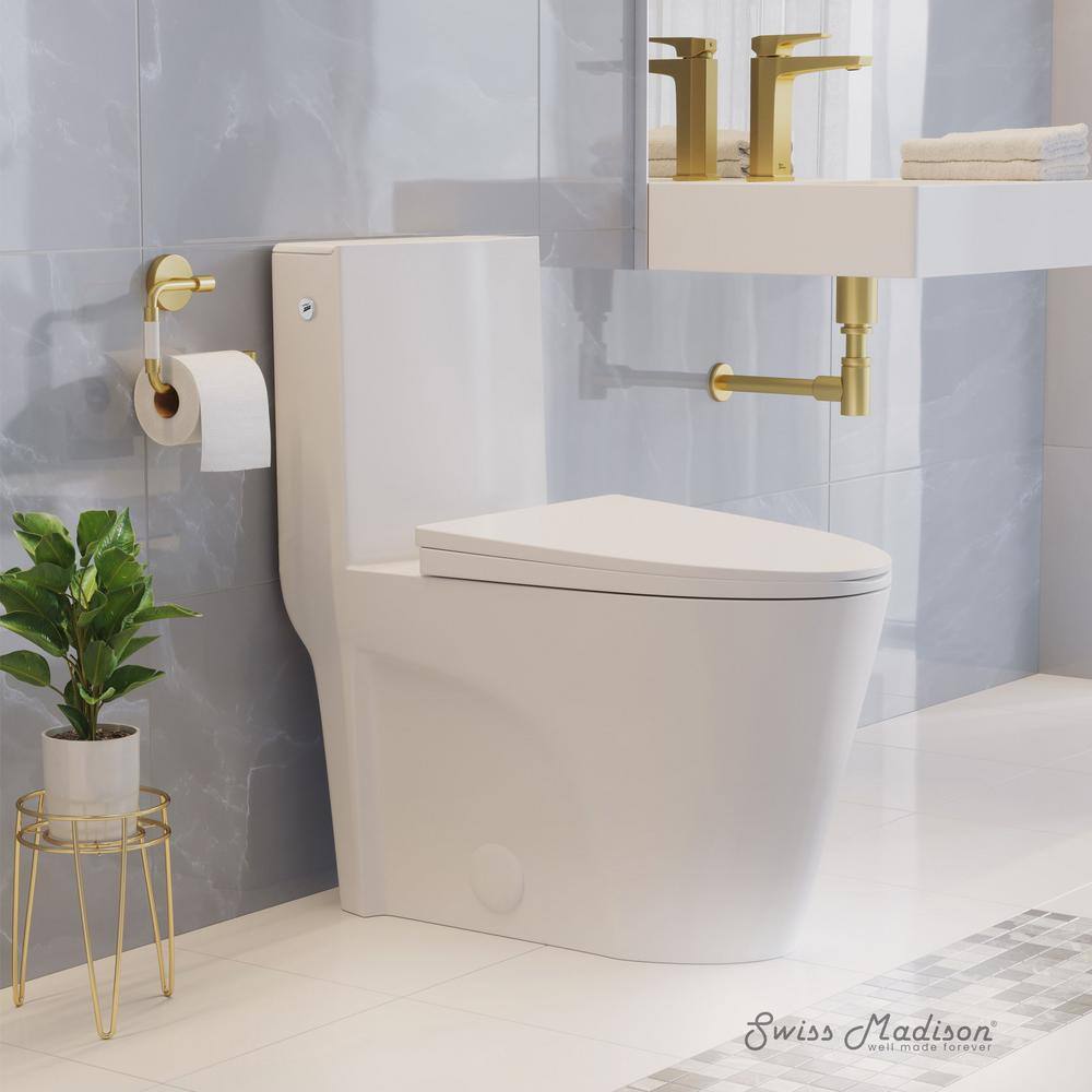 White Glossy One-Piece Elongated Dual Flush Toilet