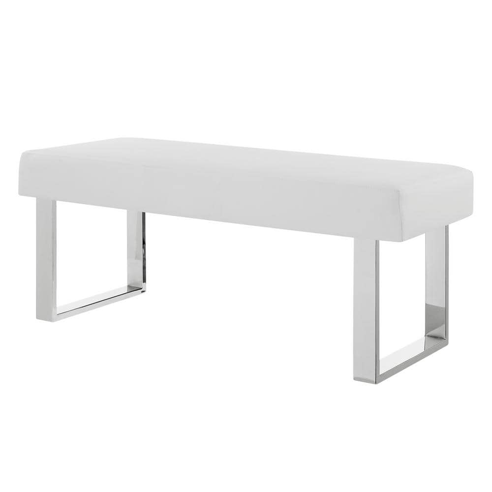 Modern White 48" Faux Leather Bench with Chrome Metal Frame