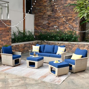 Echo Beige 5-Piece Wicker Multi-Functional Pet Friendly Outdoor Patio Conversation Sofa Set with Navy Blue Cushions