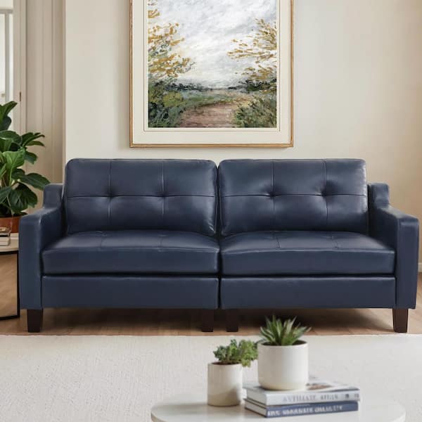 Haiza 82 in. W. Genuine Leather Sofa Thick Solid Wood Leg Upholstered Couch with Square Arms in Navy Blue