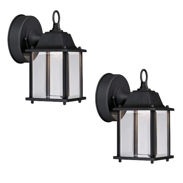 Hampton Bay 8.375 in. Black Integrated LED Outdoor Line Voltage Wall Lantern Sconce (2-Pack)