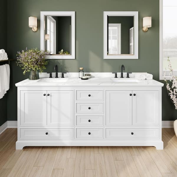 Wyndham Collection Deborah 80 in. W x 22 in. D x 35 in. H Double Bath Vanity in White with Giotto Quartz Top and 70 in. Mirror
