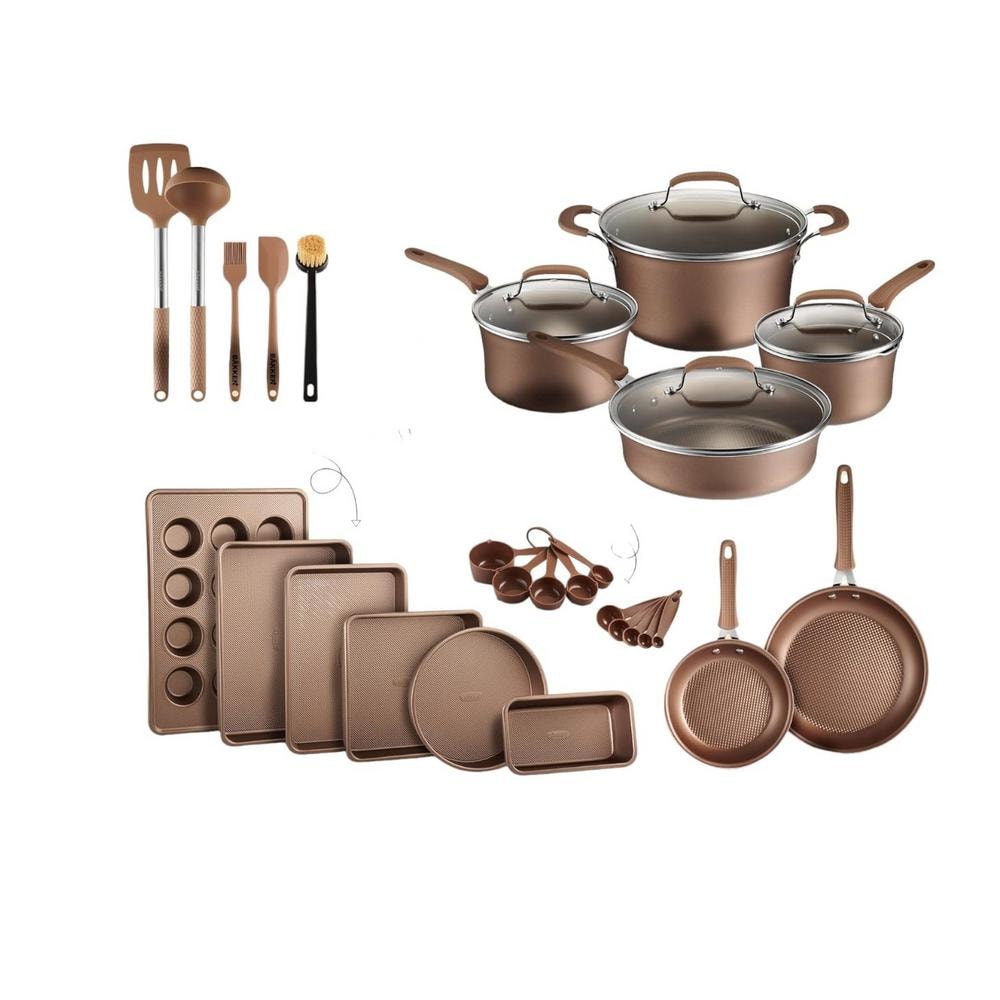23-Pieces Nonstick Aluminum Gold Multi-Sized Cooking Pots, Skillet Fry Pans