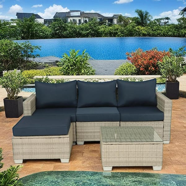 Unbranded 5-Piece Gray Wicker Patio Conversation Set with Dark blue Cushions