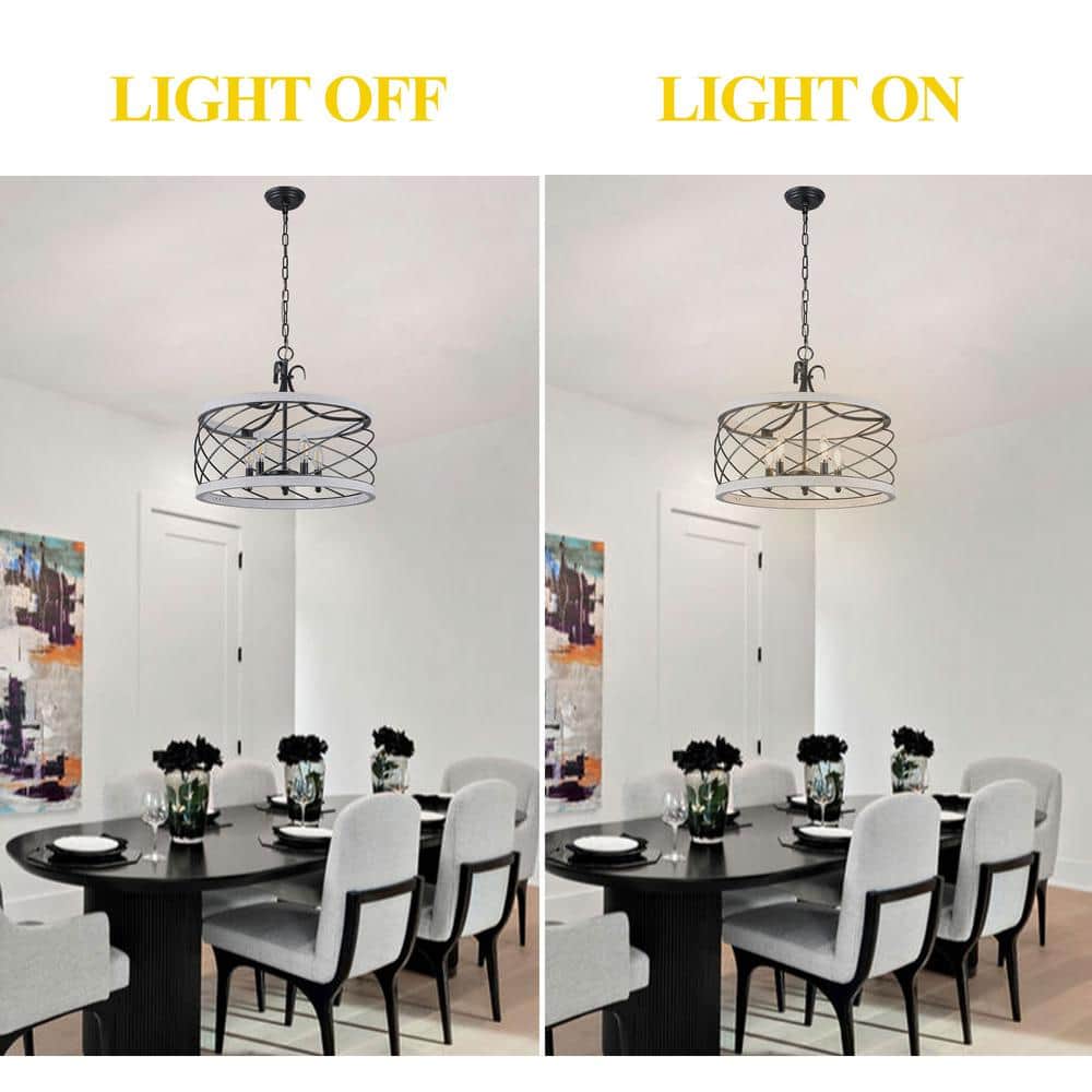 Distressed White and Black Wood Drum Chandelier with Adjustable Chain