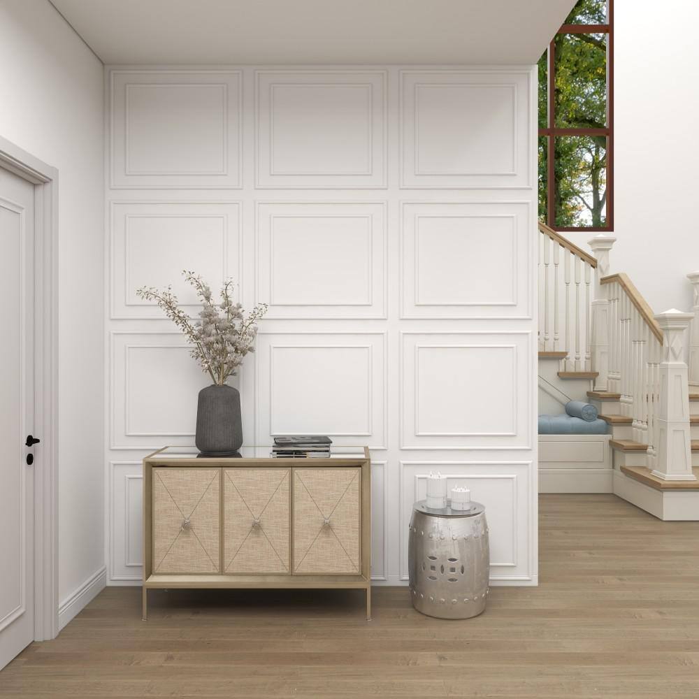 Gray Upholstered 3-Door Cabinet with Mirrored Top and Ring Handles