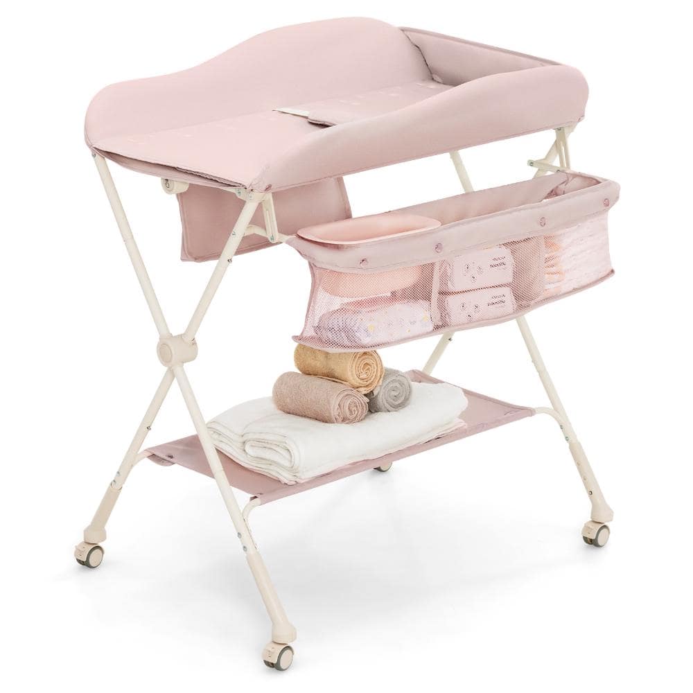 Foldable Baby Diaper Changing Table with Adjustable Height and Water Basin in Pink