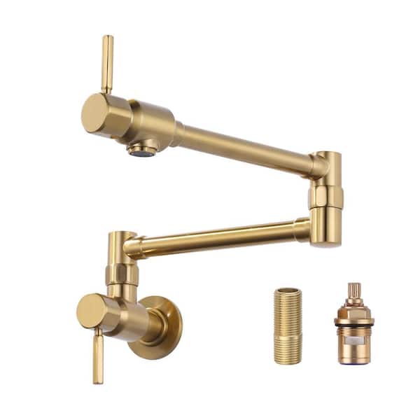 Brass Wall Mounted Pot Filler with Double Handle Folding Kitchen Sink Faucet in Gold