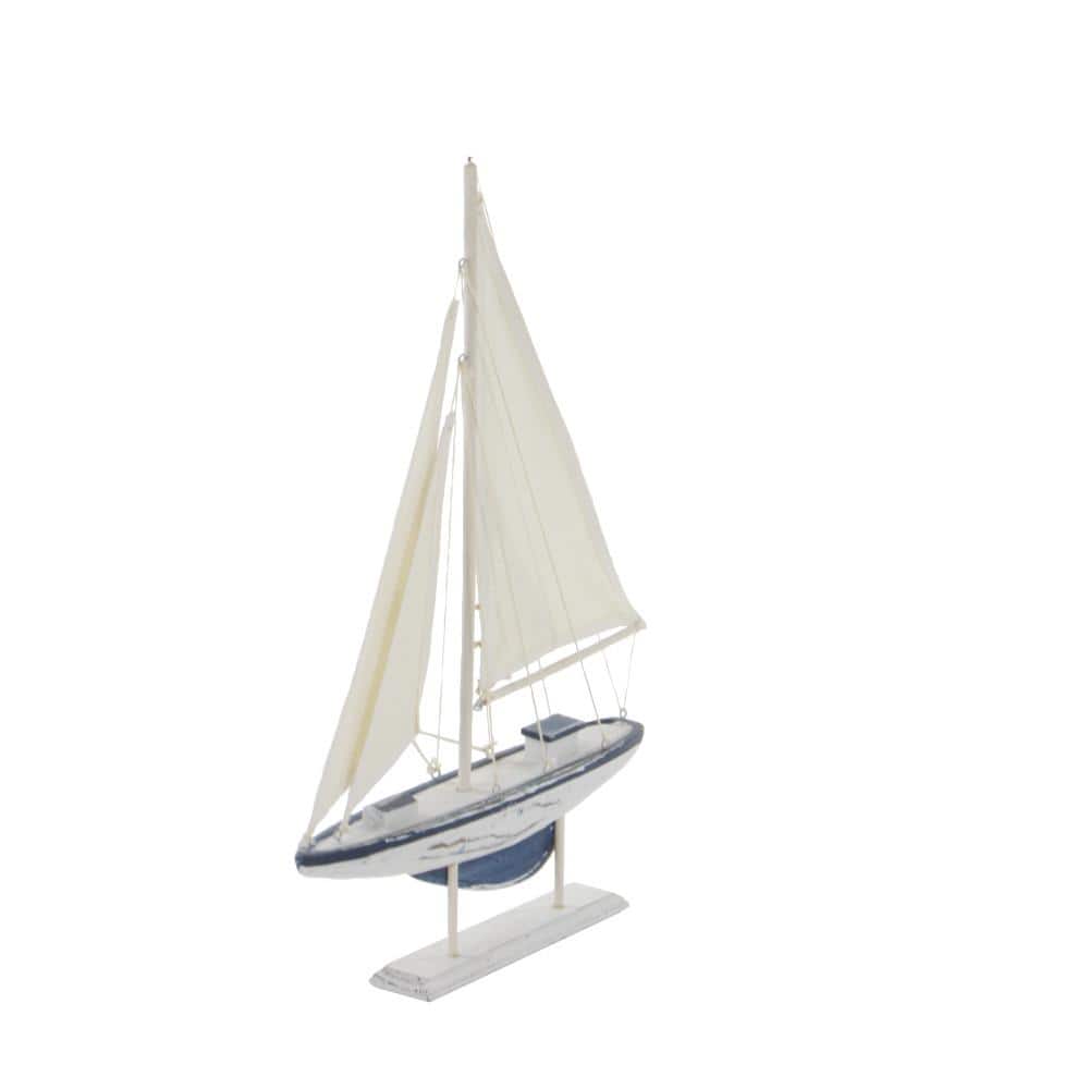 White and Blue Pine Wood Nautical Sail Boat Sculpture Set