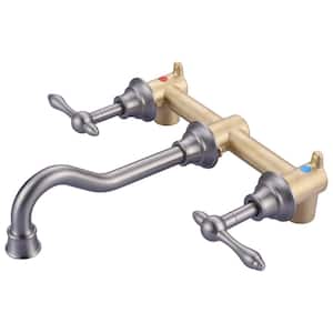 Double Handle 3-Hole Brass Wall Mounted Antique Bathroom Sink Faucet in Brushed Nickel