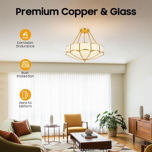 OUKANING 23 in. Tiffany Semi-Flush Mount Ceiling Light with Amber