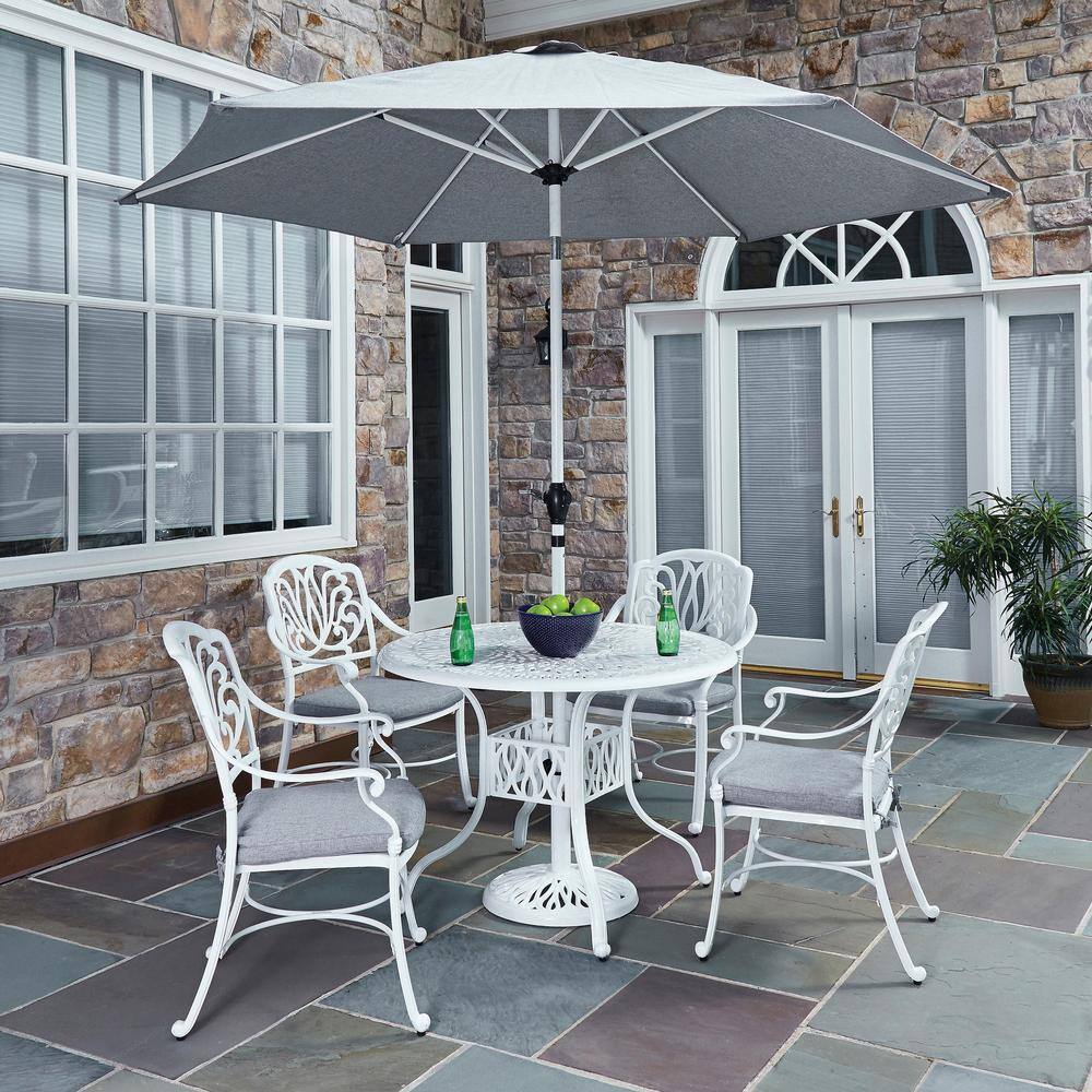 HOMESTYLES Capri White 42 in. 5Piece Cast Aluminum Round Outdoor Dining Set with Umbrella with