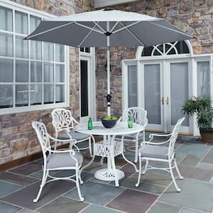 Capri White 42 in. 5-Piece Cast Aluminum Round Outdoor Dining Set with Umbrella with Gray Cushions