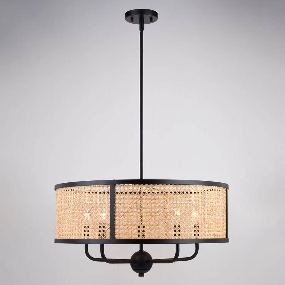 Matte Black and Rattan Drum Pendant Light Fixture