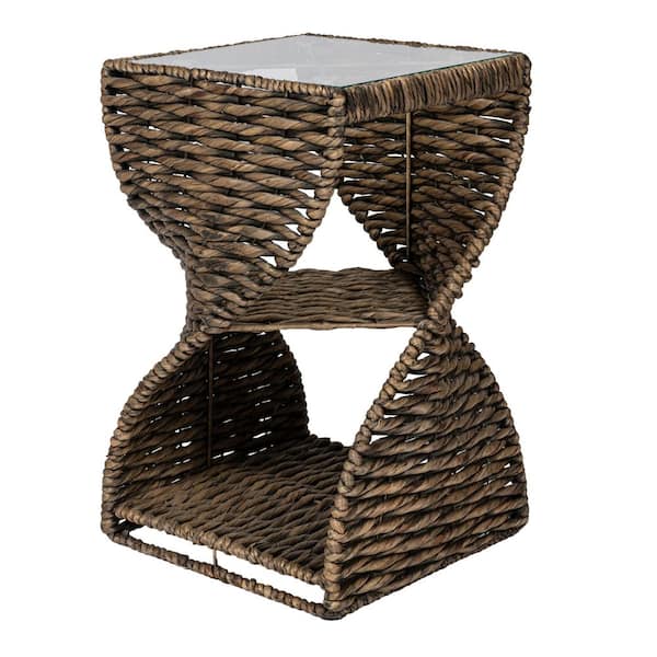 Suraya 14 in. Square Handwoven Water Hyacinth Sculptural Twisted End Table with Glass Top and Storage Shelf, Brown