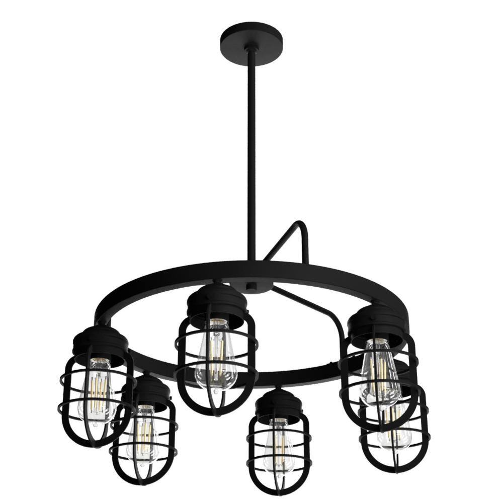 Black Industrial Cage 6-Light Wagon Wheel Chandelier