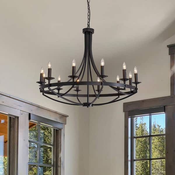 12-Light Wood Color Candle Style Dimmable Wagon Wheel Chandelier for Dining Room and Living Room