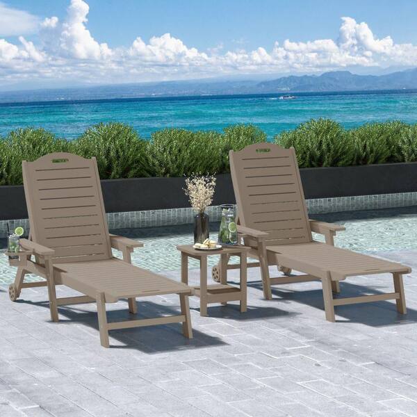 Brighton Outdoor Patio 3PC Poly Plastic Reclining Chaise Lounge Pool Chairs Set w/ Wheels, Side Table, Weathered Wood