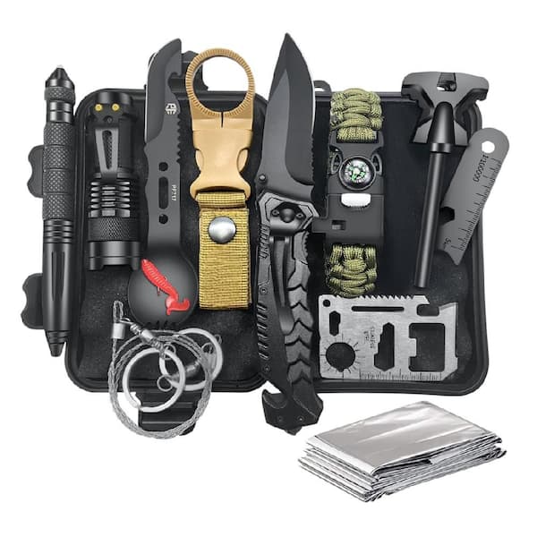 12in1 Black Compact Outdoor Survival Kit with Multi-Tool Gear and Waterproof Case for Camping Other Outdoor Activities