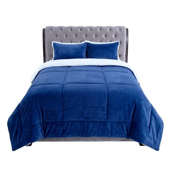 3-Piece Navy King Size Sherpa Fleece Comforter Set