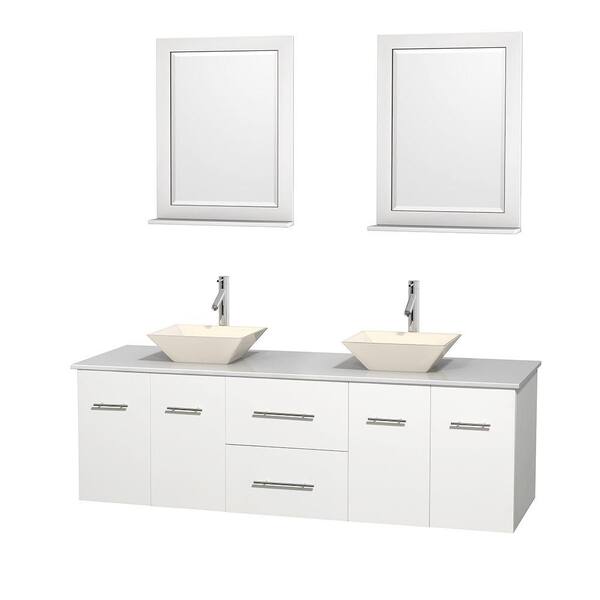 Wyndham Collection Centra 72 in. Double Vanity in White with Solid-Surface Vanity Top in White, Bone Porcelain Sinks and 24 in. Mirrors