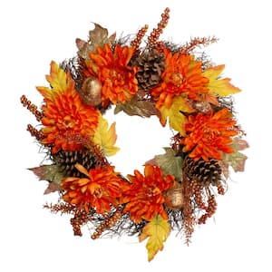 22 in. x 5 in. Unlit Autumn Harvest Orange Cactus Mums Wreath with Brown Acorns Artificial Grapevine