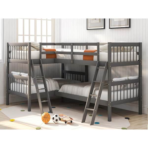 Gray Twin Size Adjustable Bunk Bed, L Shaped Triple Bunk Bed With Desk