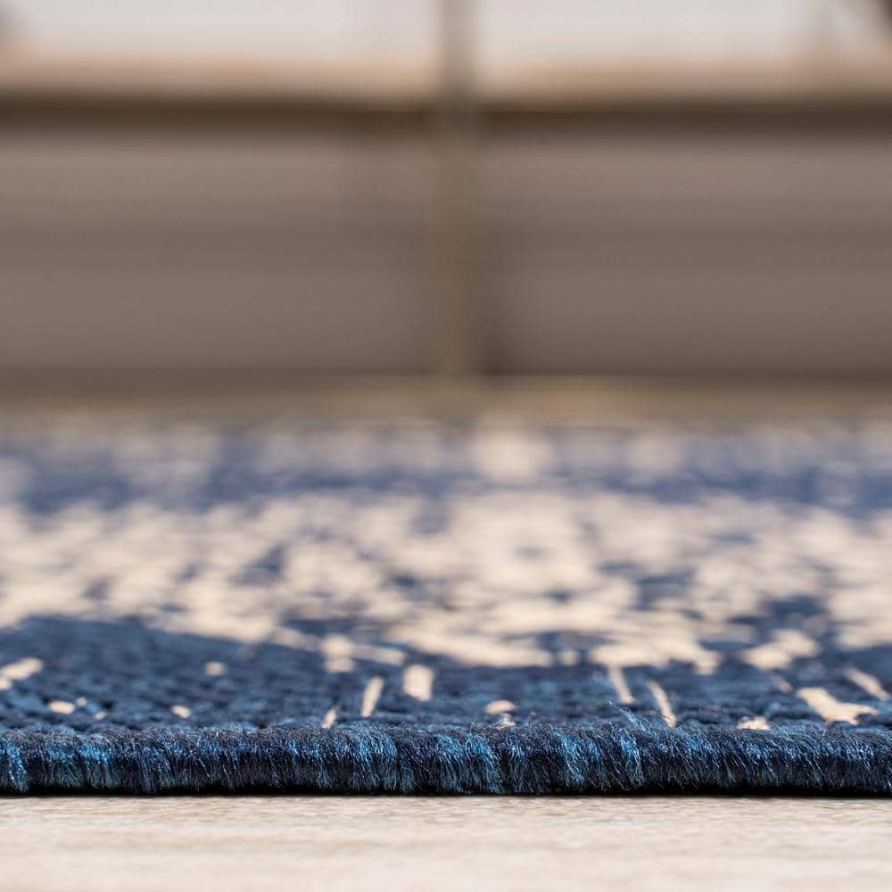 Navy and Beige Medallion Flat Woven Runner Rug