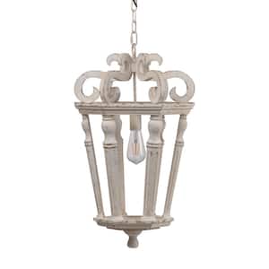 1-Light Cream White French Country Farmhouse Wood Chandelier with Adjustable Chain, Bulb Not Included