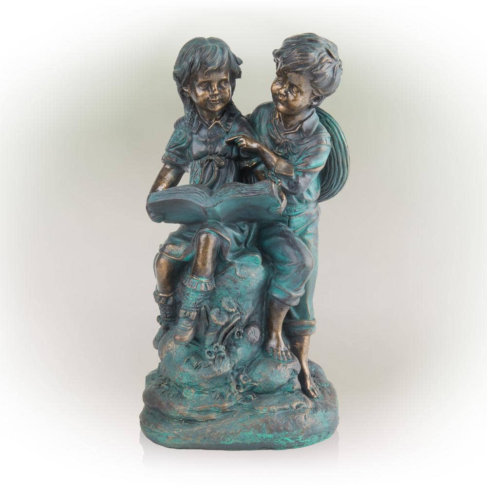 15 in. Tall Indoor/Outdoor Girl and Boy Reading Together Statue Yard Art De