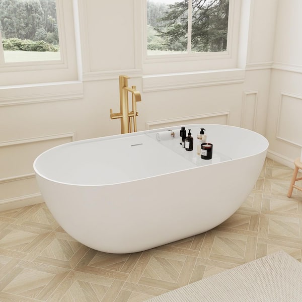 Verna 59 in. x 30 in. Stone Resin Freestanding Soaking Bathtub in White